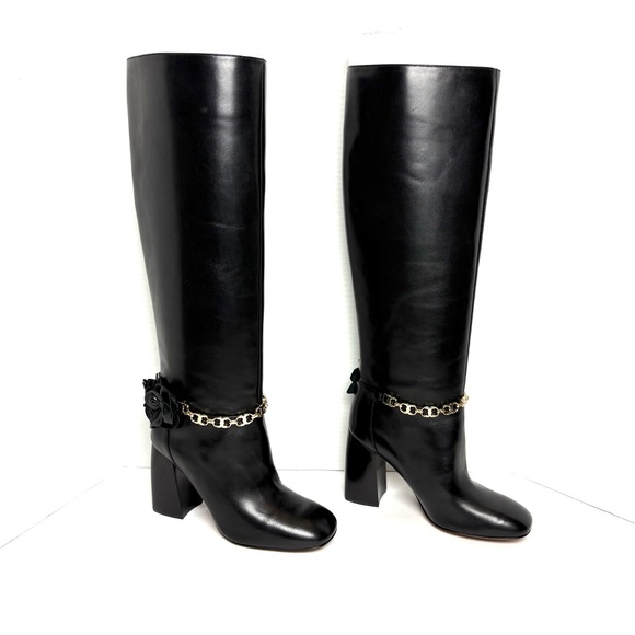 Tory Burch Shoes - NEW Tory Burch Black Leather Blossom Boots Tall Gold Chain Flower Glam Sz 6